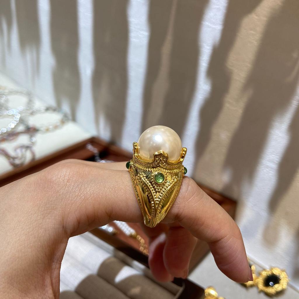 Vintage Three-dimensional Pearl Luxury Ring, Three-dimensional High-end Copper-plated Real Gold Natural Gemstone Ring