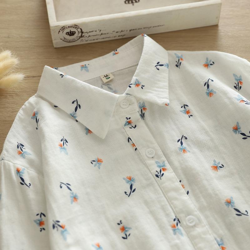 Løvetannmønstret bomullsgarn langermet skjorte for kvinner om høsten løs slankende skjorte topp bluser og skjorter