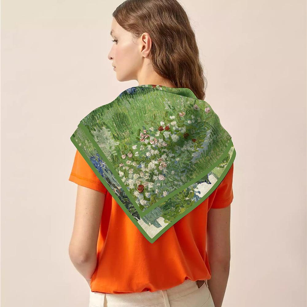 Silk Scarf Women Beanis Garden Print Square Scarves Head Echarpes Silk Foulards Femme Wraps Beach Shawl Bandana Lady Hijabs 90CM
