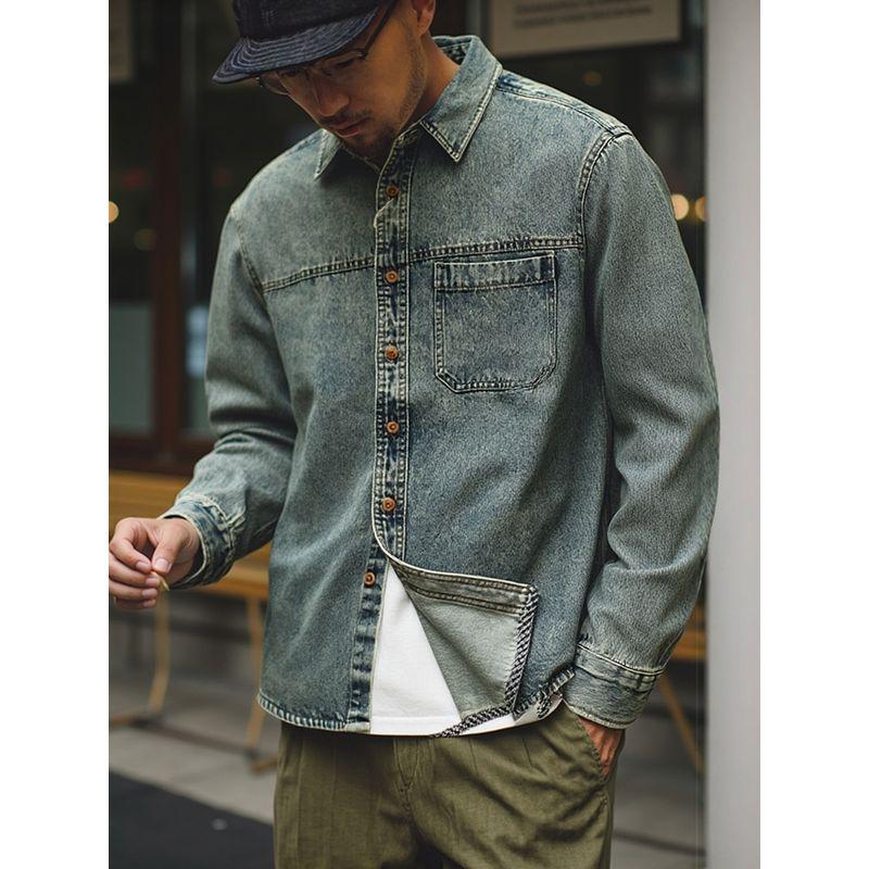 American Retro Heavy-Duty Washed Vintage Denim Work Shirt for Men, Spring and Autumn Jacket, Export Men's Casual Shirt