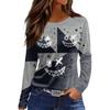Women's Halloween Print Long Sleeve Top with Round Neck and Hem Slit for Casual Party Wear