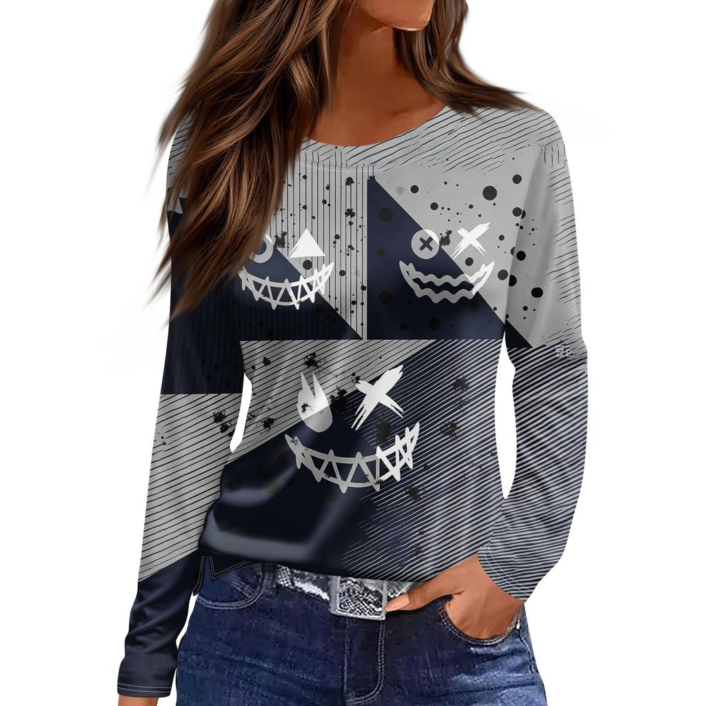 Women's Halloween Print Long Sleeve Top with Round Neck and Hem Slit for Casual Party Wear