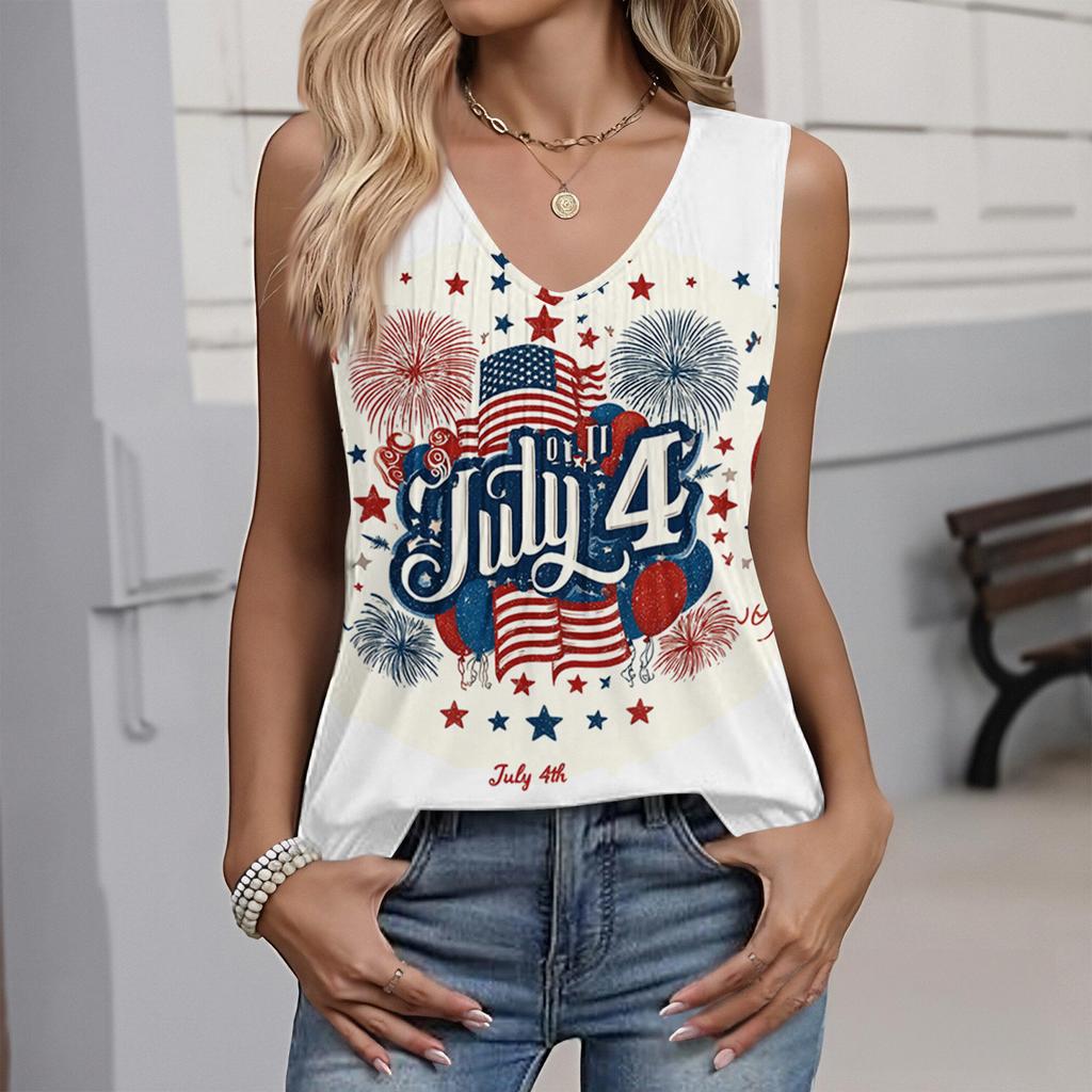 Women's Fashion Casual American Independence Day Flag and Stars Print V-neck Ruffled Sleeveless Vest T-shirt Top