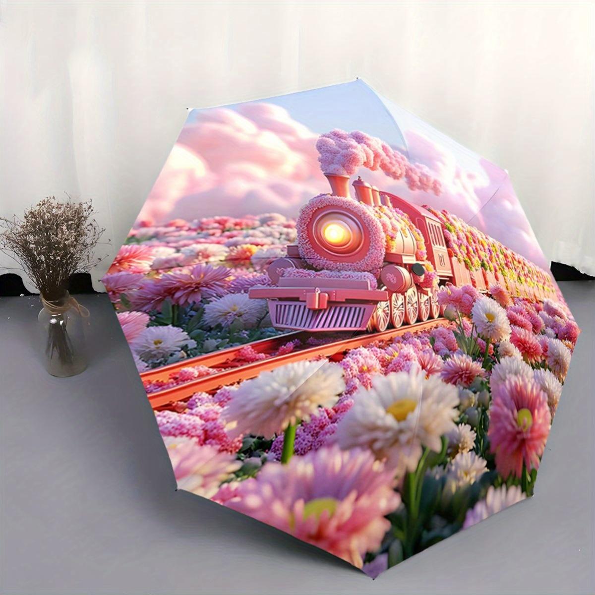 

Automatic Open/Close Umbrella with Floral Train Design - Pink Flower Field Pattern, Compact Travel Umbrella with 8-Rib Strong Iron&8K