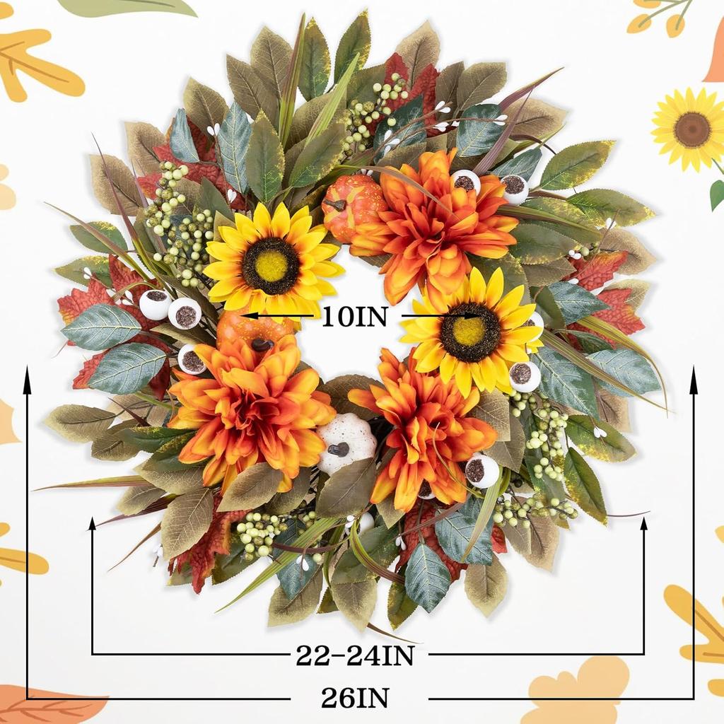 Wreath Front Door 24IN Autumn Maple Leaves Wreaths Fall Harvest Door Wreaths with Pumpkin Large Door Wreath for Thanksgiving Halloween Farmhouse