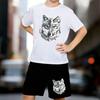 Boys 2 Piece Cute Wolf Head Printed Outfit, Short Sleeve T-Shirt and Shorts Set for Kids Age 5-14,White Sporty Casual Summer Clothes