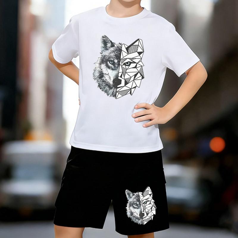 

Boys 2 Piece Cute wolf head printed Outfit, Short Sleeve T-Shirt and Shorts Set for Kids Age 5-14,White Sporty Casual Summer Clothes 13-14 Years білий