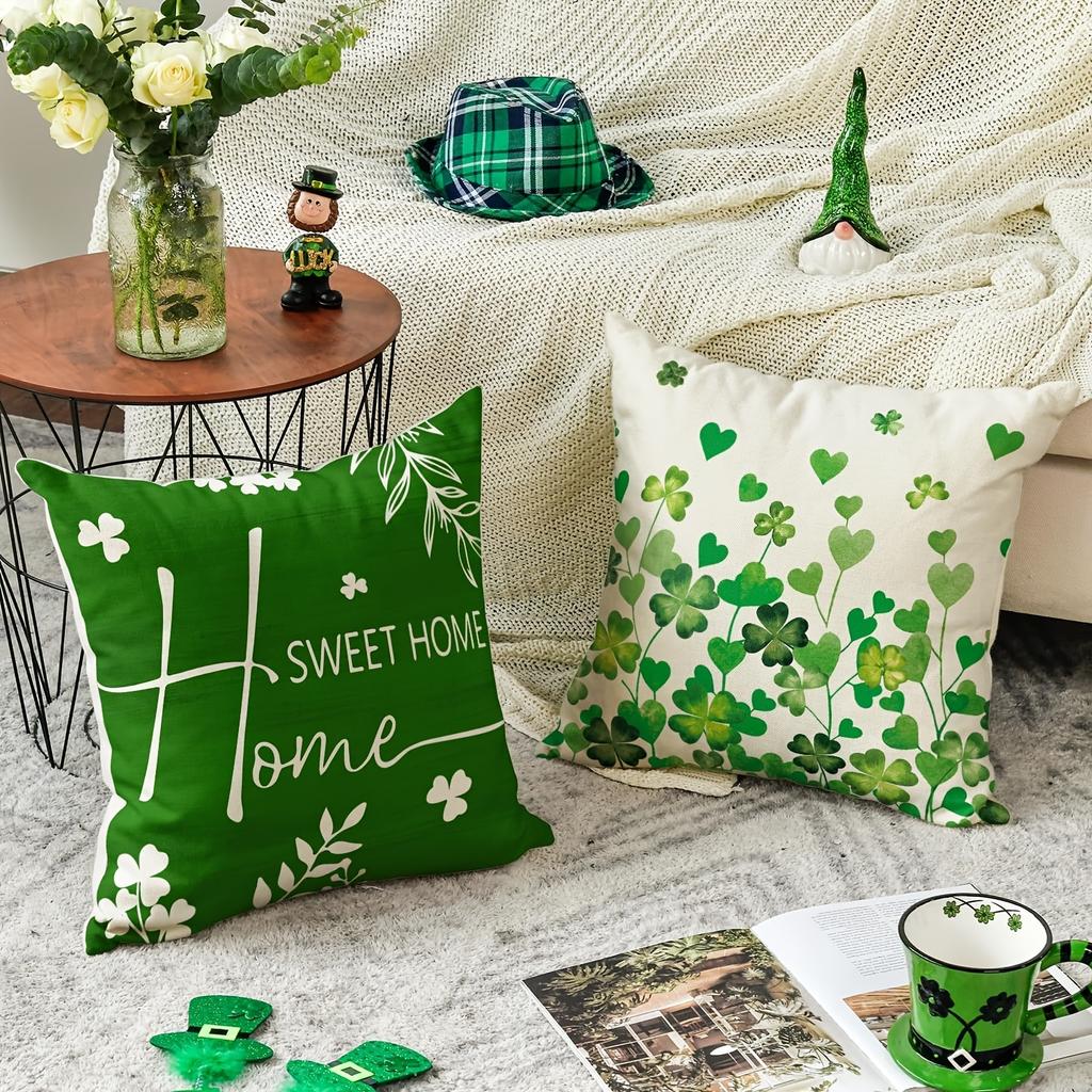 Set of 4 St. Patrick'S Day Decorative Pillow Covers Featuring Clovers And Hearts, Measuring 18 X 18 Inches