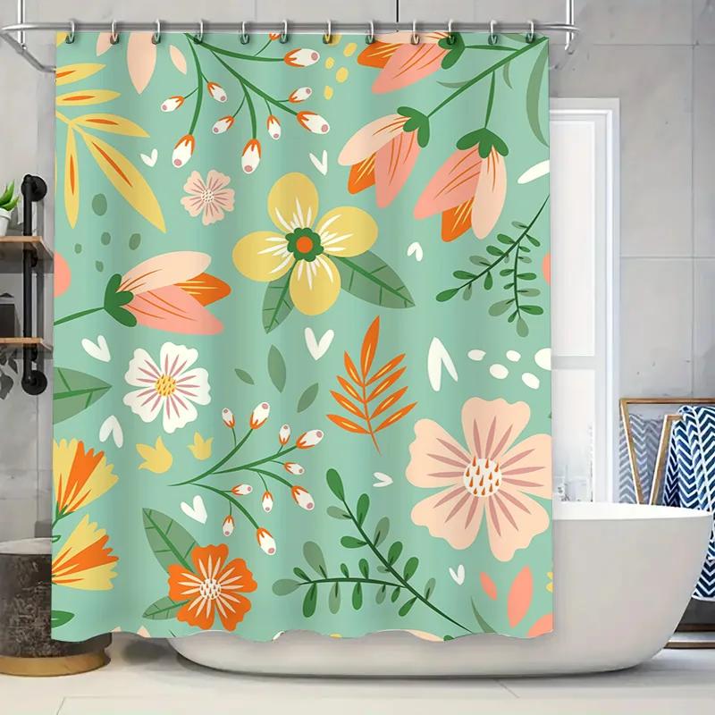 

Decorative Flowers Shower Curtain Waterproof Fabric Bathroom Accessories Modern Bath Mat Set Pink Green Floral Print Size72x84 ( W90xH180cm