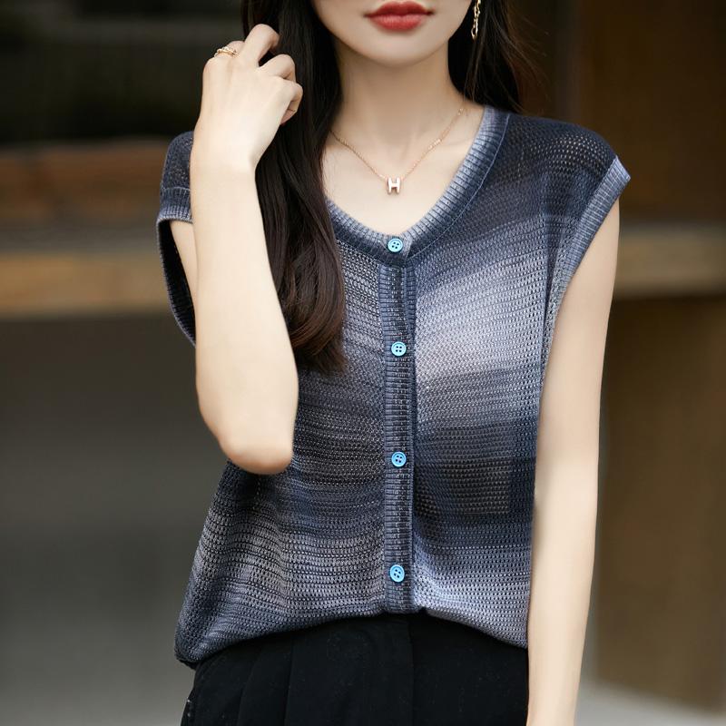 Women's wool sleeveless cardigan Qinghe cashmere 50% silk 50% wool spring and summer wool short sleeve sleeveless vest soft and comfortable