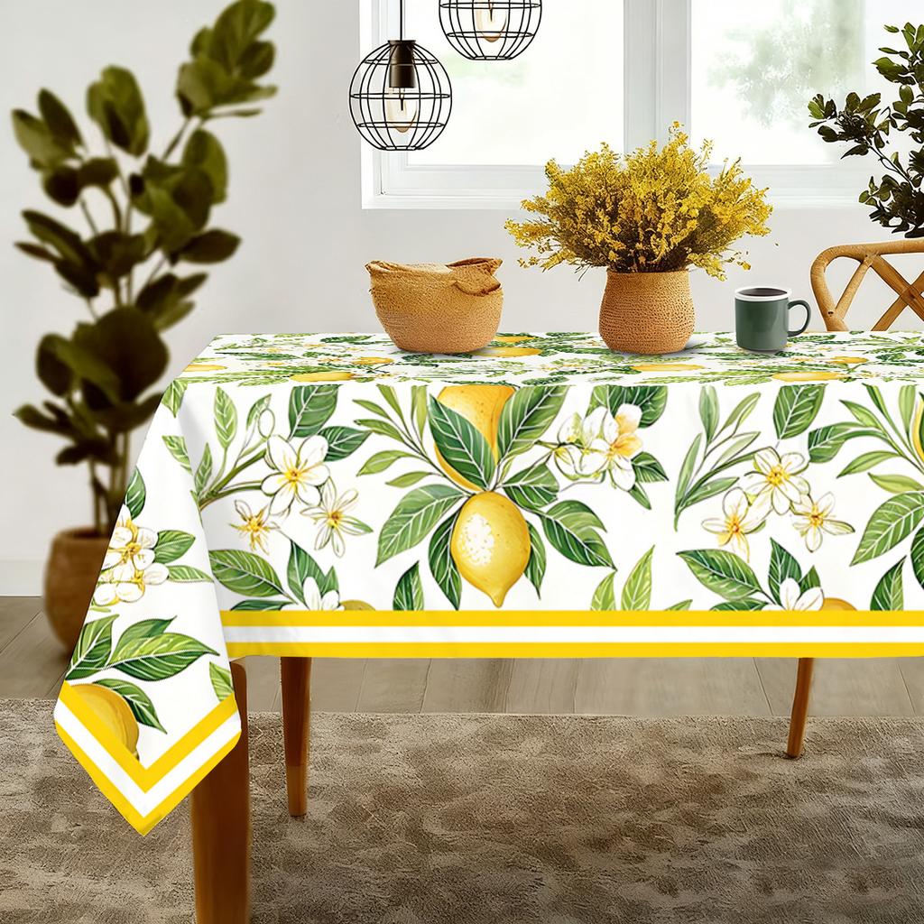 Summer Lemon Floral Print Tablecloth for Table Decor Watercolor Lemon Green Leaves Kitchen Dining Table Cloth Picnic Party Decor