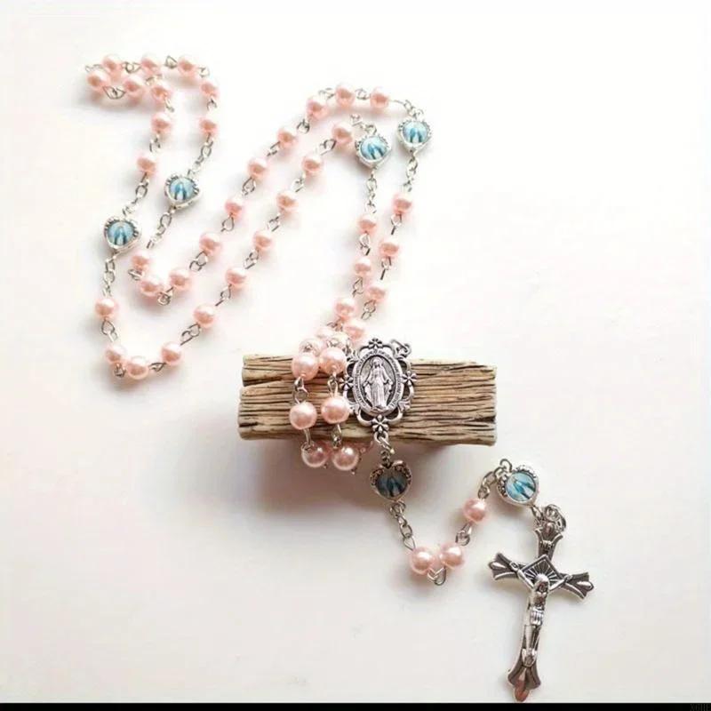 1pc Crucifix Cross-Charm Long Chain Rosary Beads Catholic Necklace for Women Christian Amulet Necklace Religious Jewelry