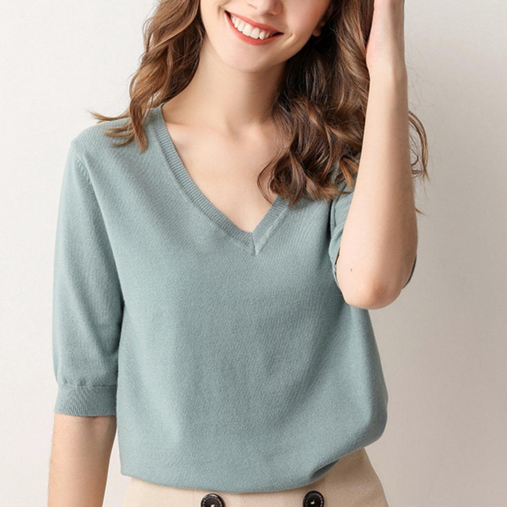 Fashion Women's Knitted V-neck Sweater Loose Bottoming Shirt T-shirt