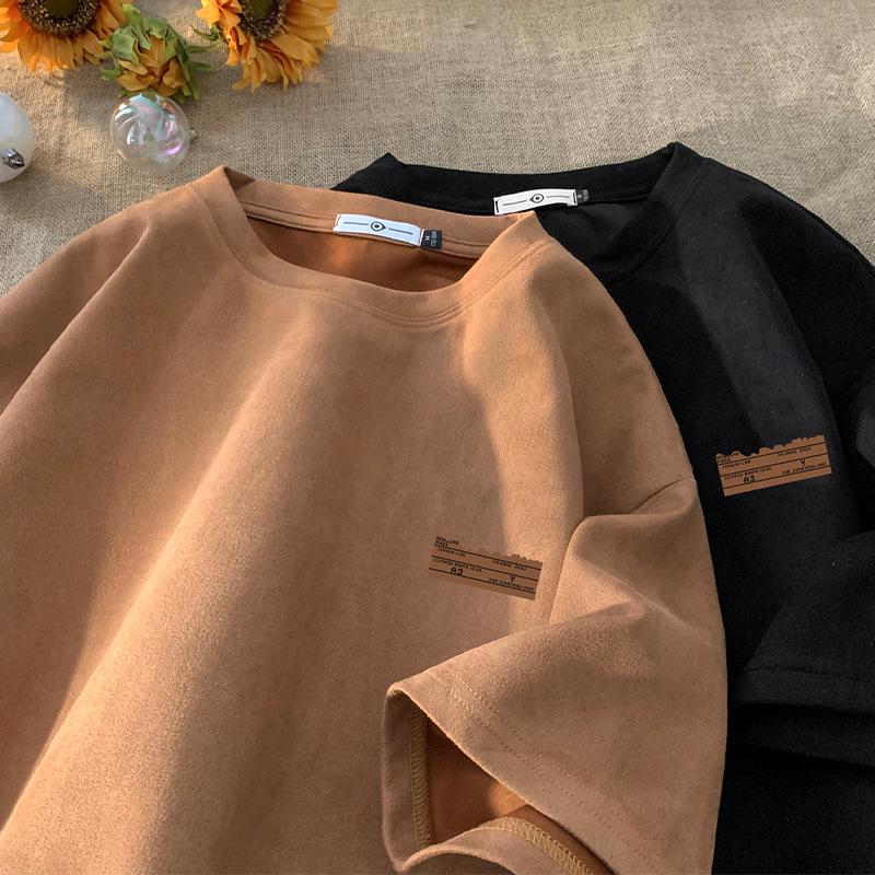Men's Oversized Brown Suede Retro Round Neck Short-Sleeve T-Shirt