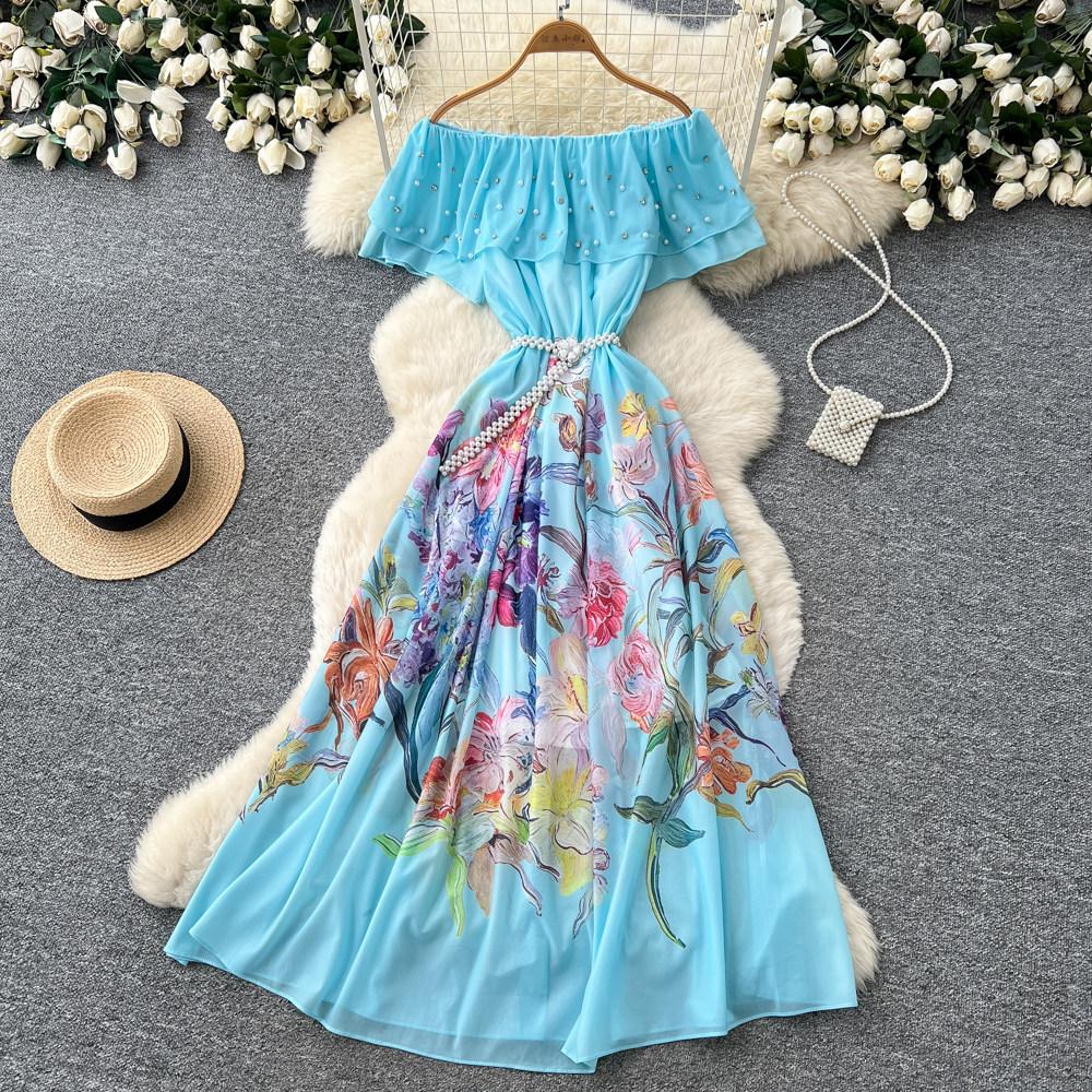New Women's Summer Sleeveless Print Dress Pearl One-Neck High Waist A-Dress Commuter High Street Style