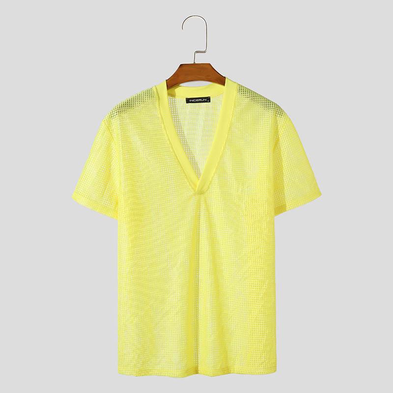 

INCERUN Мужские топы с короткими рукавами и глубоким V-образным вырезом Футболки для пляжной вечеринки S жёлтый