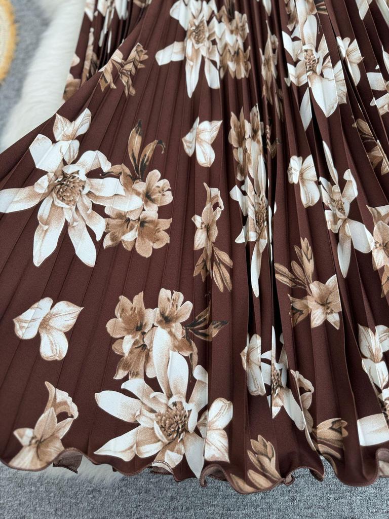 Women's Versatile High Waist A-Line Floral Pleated Midi Skirt