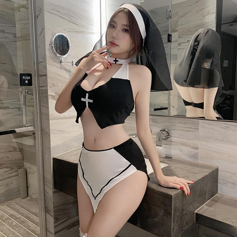 Sexy lingerie sexy cosplay nun uniform cosplay game outfit hollow skirt set