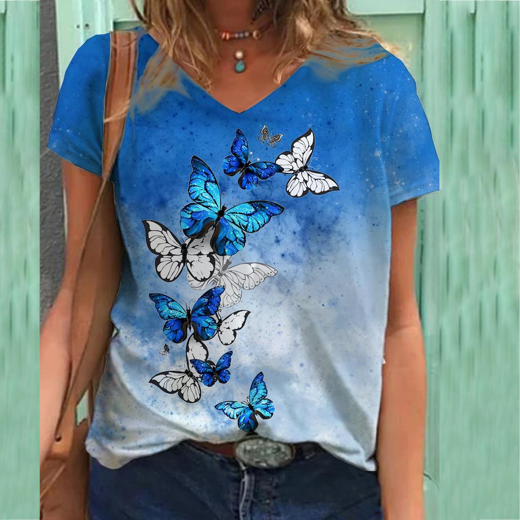 Butterfly Cat Theme Series 3D Printed T-shirt V-neck 3D Printed Women's Short Sleeved T-shirt Top