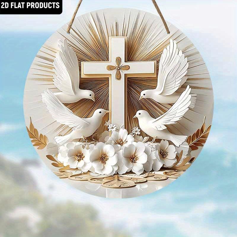Религиозная деревянная табличка «Крест и голуби», Очаровательная круглая табличка для входной двери, Декор для подвешивания на стену - Идеальный христианский домашний декор и духовный подарок 1pc