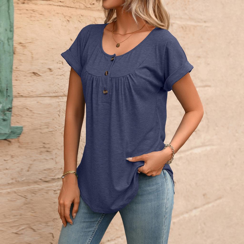 Women’s Casual Short Sleeve Pullover T Shirt with Crew Neck and Button Loose Fit Summer Top Blouse