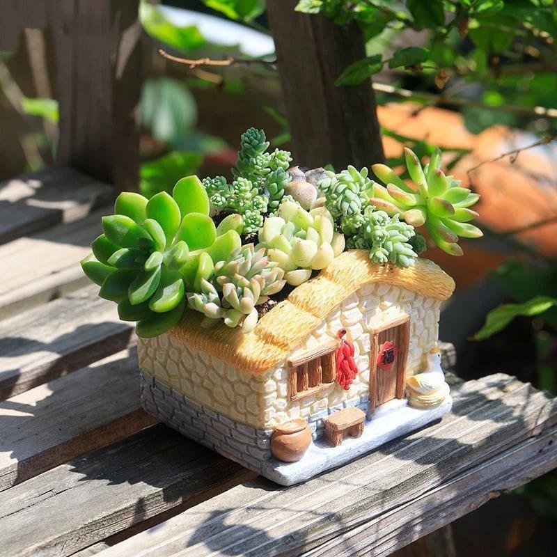Vintage Rustikaler Harz-Blumentopf Haus für Sukkulente Pflanzen, Mini-Gartendekor im Landhausstil