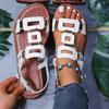 Fashion Women Flat Sandals Round Headed Leather Ladies Slippers Flat Casual Couple Beach Shoes Comfortable with Metal Decoration Sandals