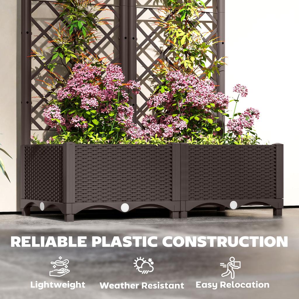 Raised Garden Bed with Trellis, Plastic Planter Box with Drainage Holes, Drain Plugs and Water Reservoirs for Climbing Plants, Vegetables, Flowers