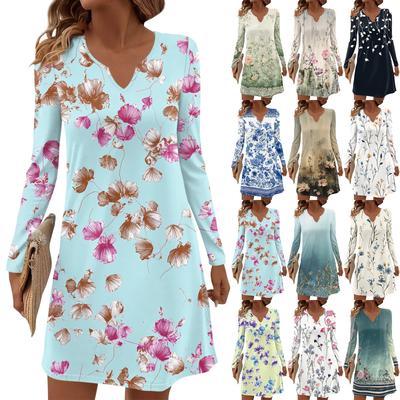 Women's Long-sleeved Casual Midi Dresses V-Neck Print  Casual Dress
