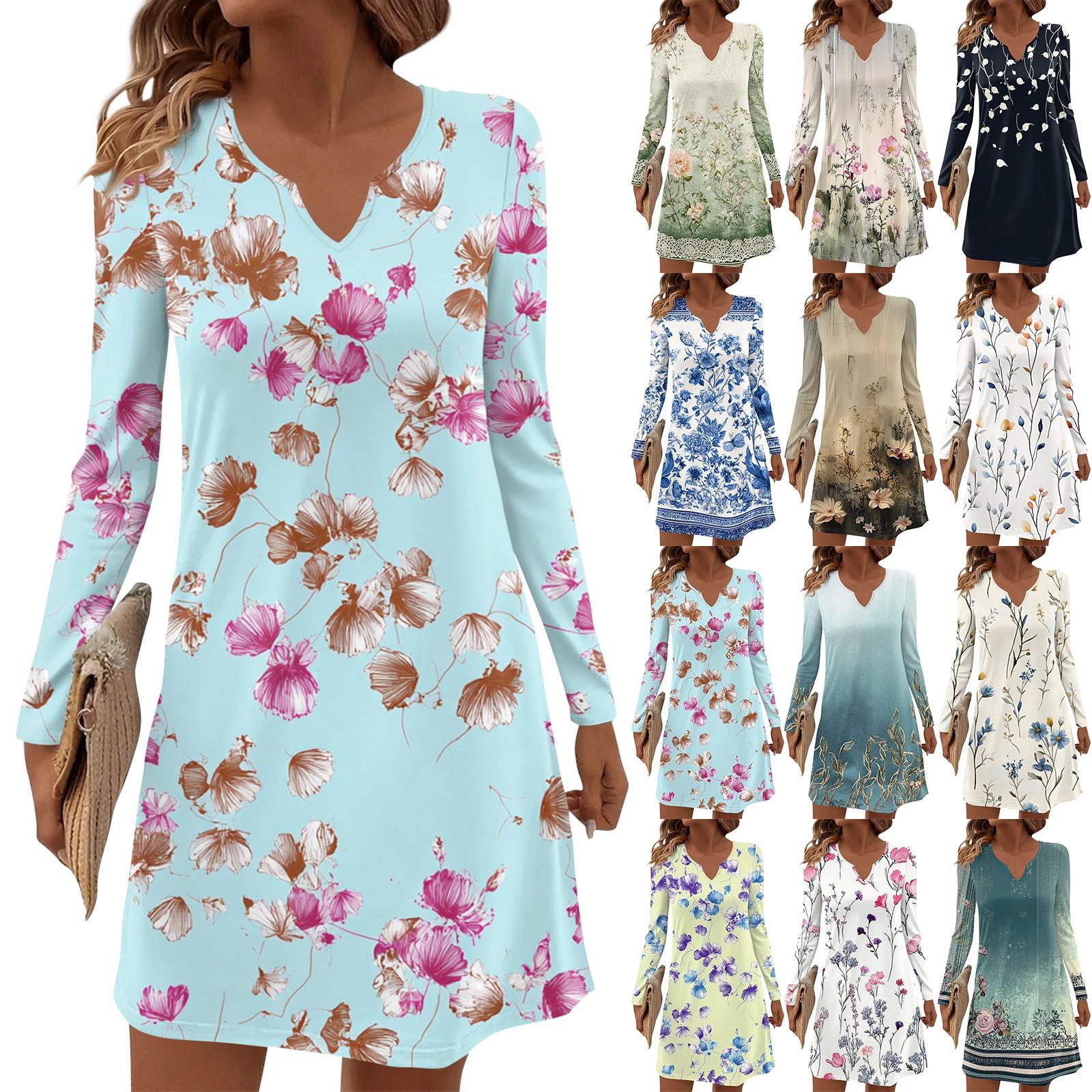 

Women s Long-sleeved Casual Midi Dresses V-Neck Print Casual Dress XL жовтий