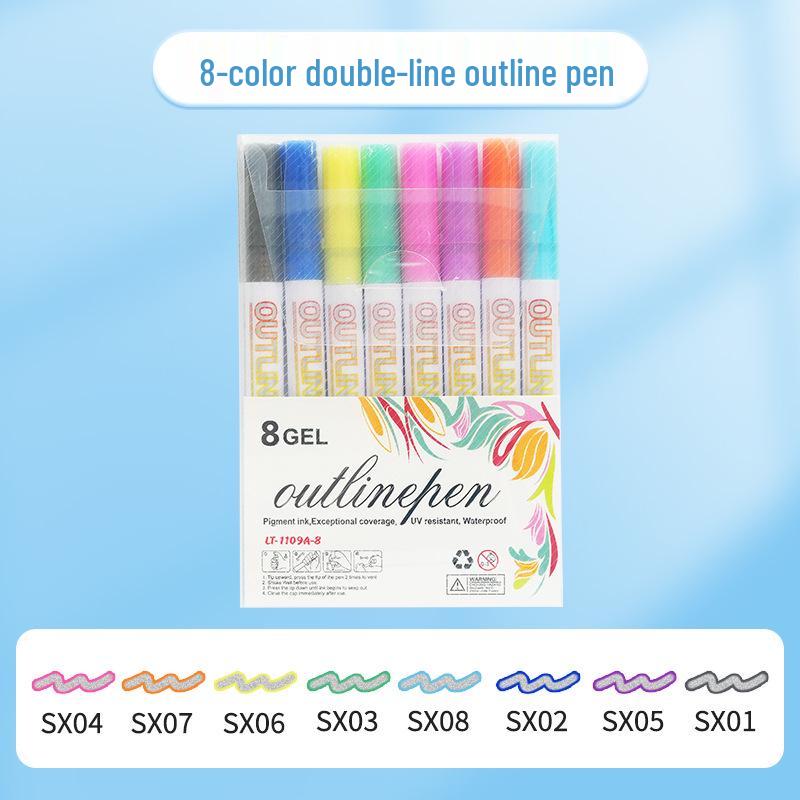 48-Color Fluorescent Dual-Line Metallic Outline Pen Set