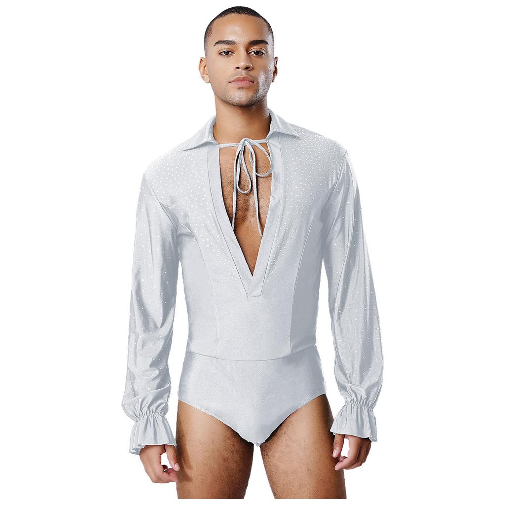 Mens Deep V Neck Long Sleeve Leotard Glitter Rhinestones Bodysuit Openable Crotch Latin Jazz Dance Ballet Costume