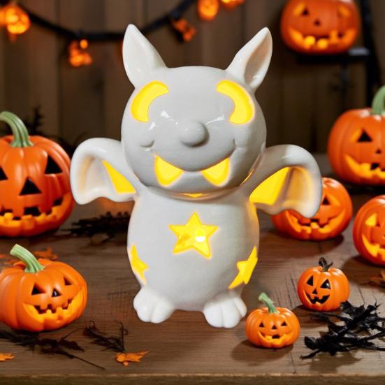 Yousheng Light Up Halloween Decoration Ceramic Carved Pumpkin Skull Bat Figurine LED Tabletop Ornament for Halloween Home Shelf Desk Decor