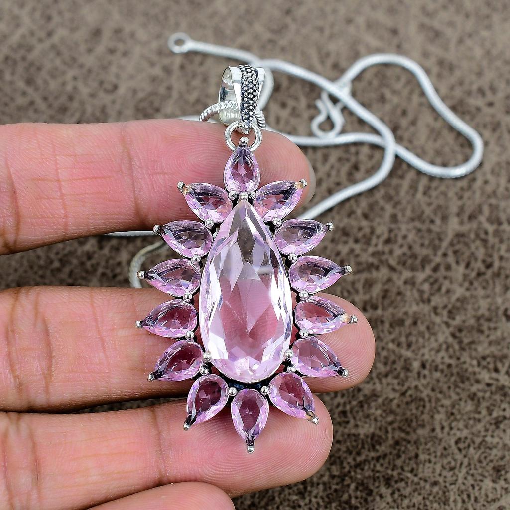 Pink Kunzite Gemstone Handmade 925 Sterling Silver Jewelry Pendant 2.48" KKG-288