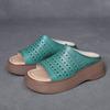 Johnature Pantoufles d'extérieur pour femmes en cuir véritable à bout ouvert et semelles épaisses, sandales compensées ajourées et respirantes de style vintage