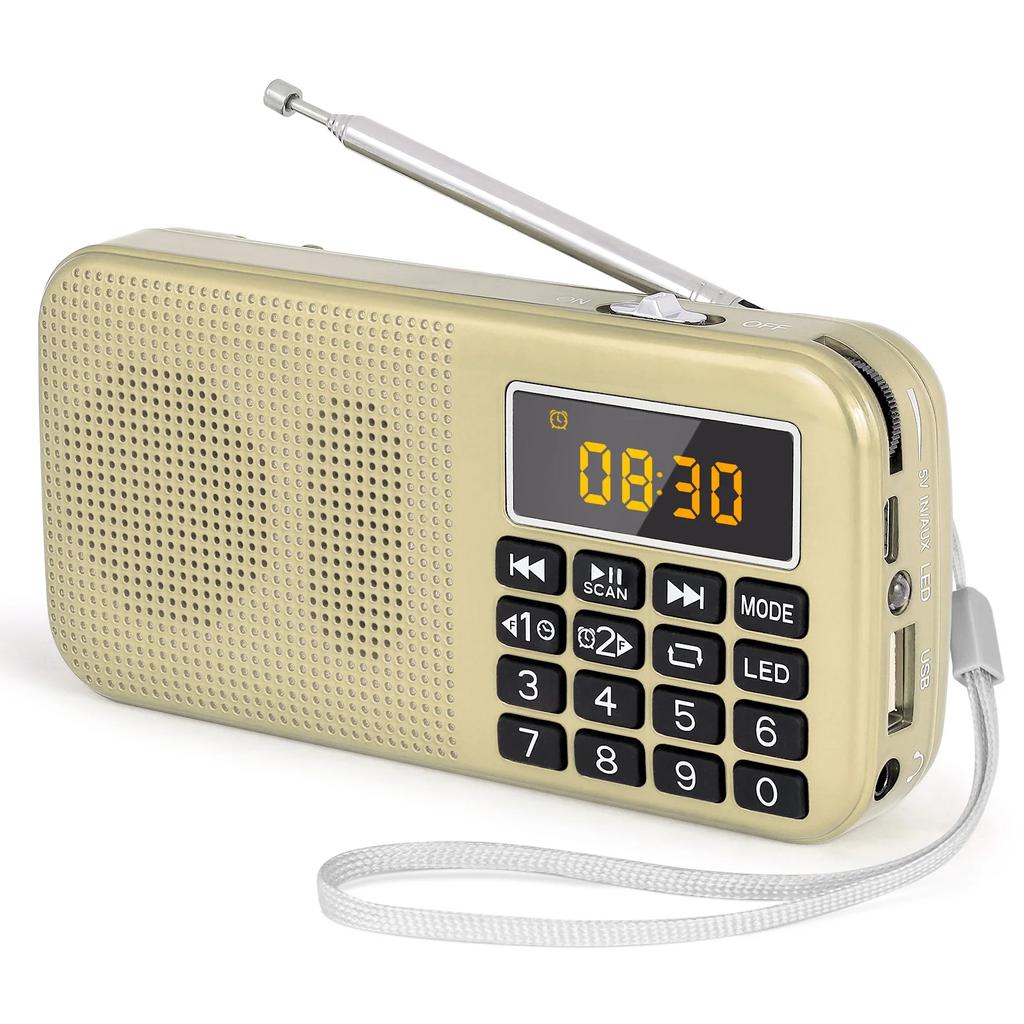 Radio Portatili FM Radio Digitale Radio Ricaricabile Lettore USB/SD/TF/AUX Torcia Sveglia Display LED