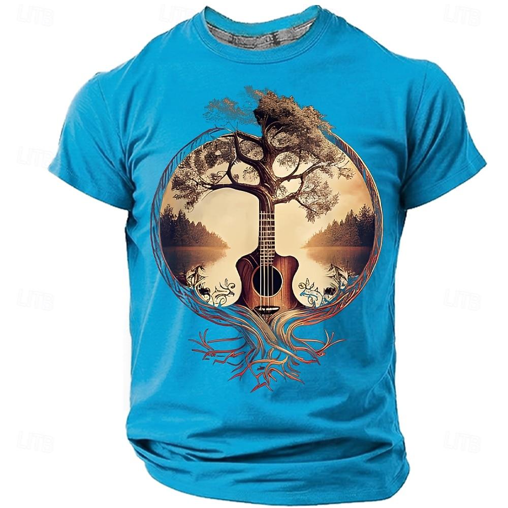 Men's Acoustic Guitar Tree of Life Graphic T-Shirt Nature Roots Surreal Music Art Folk Musician Gift Sunset