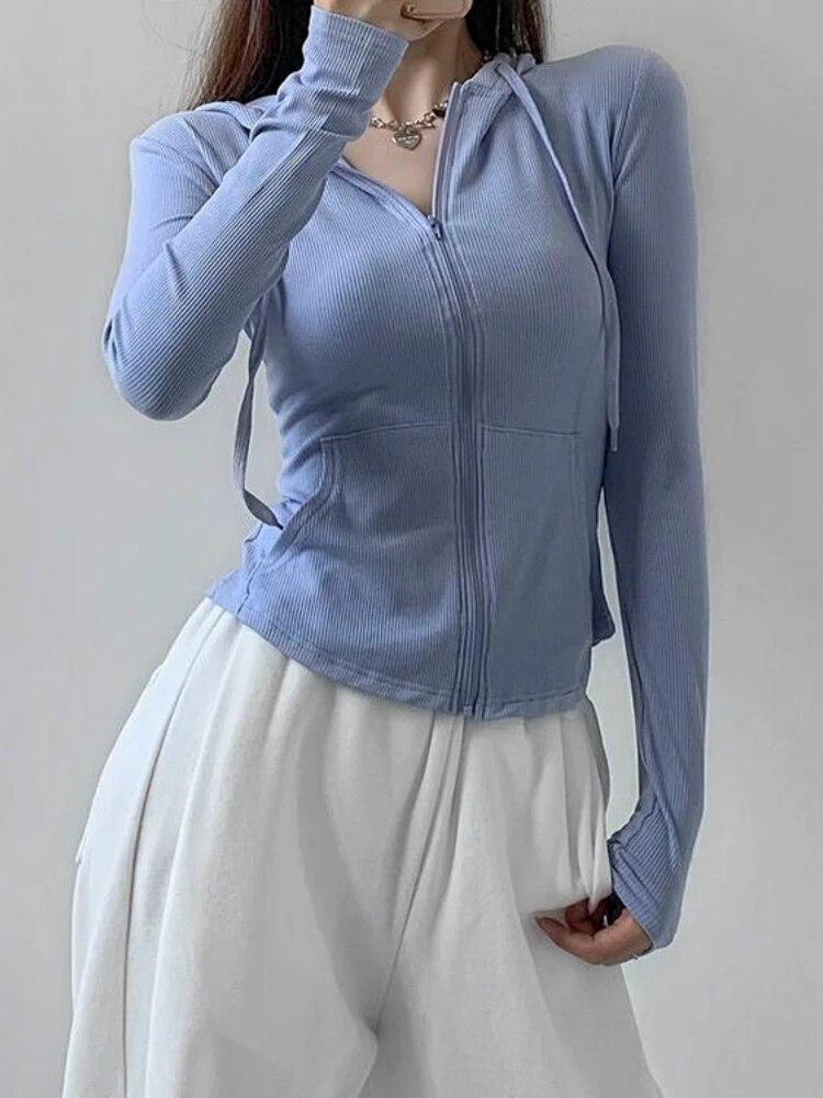 Tricouri supradimensionate cu fermoar în stil gotic de stradă, pentru femei, vintage, sexy, solide, cardigan cu glugă, mânecă lungă, topuri decupate, trening