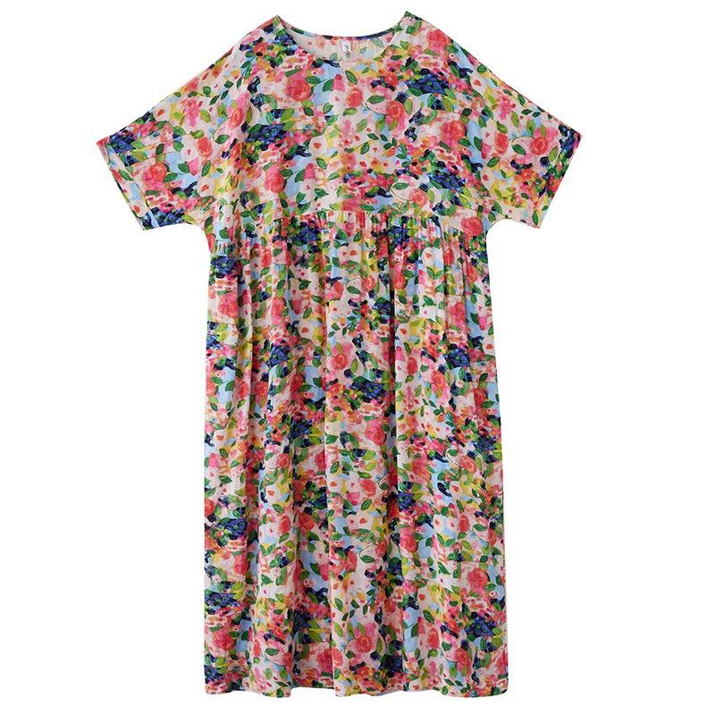 Echter Sommer neues dünnes Baumwoll- und Leinen Rundhals Kurzarm einfaches Blumen Boho mittel und langes Kleid Damen