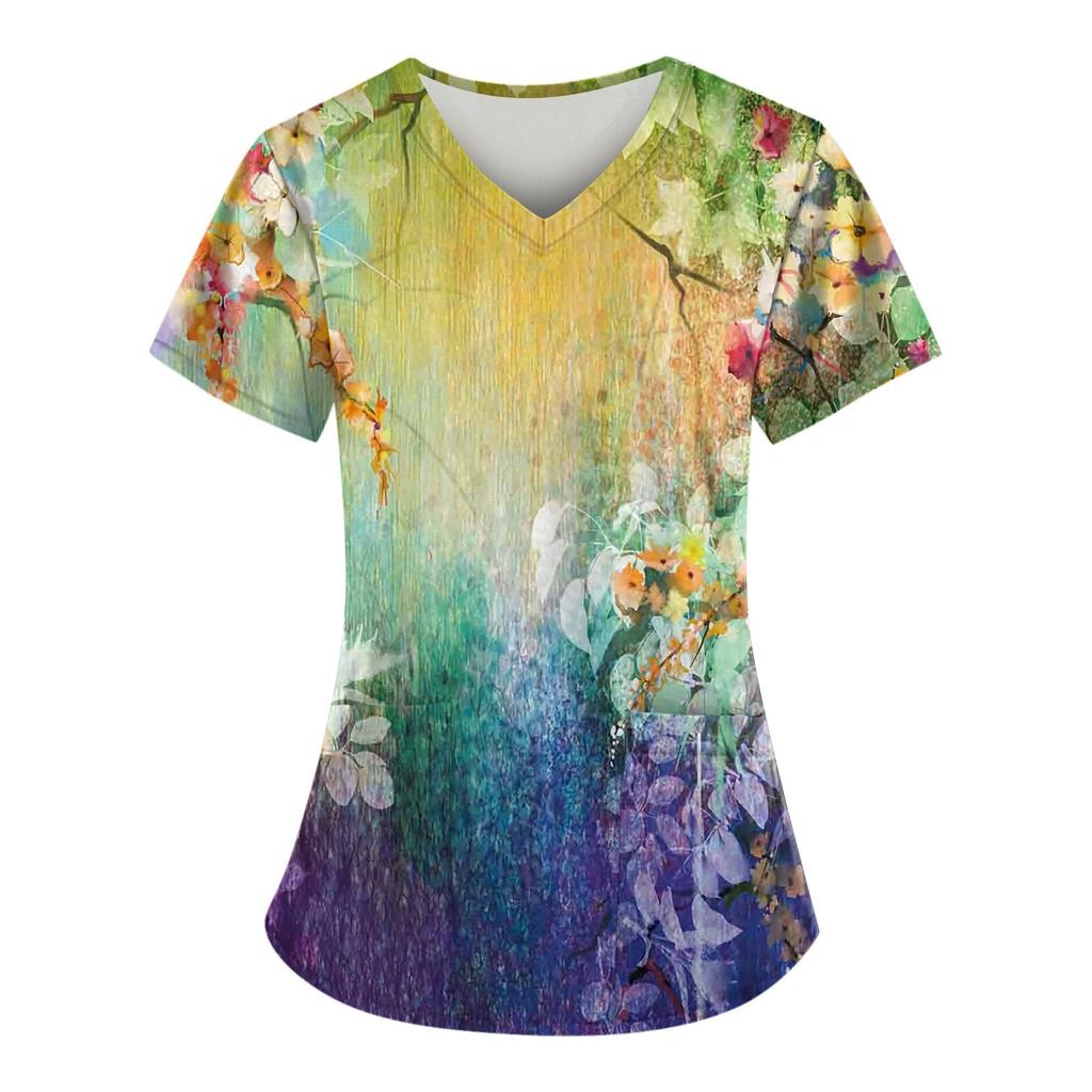 Women Fashion Spring And Summer Oil Painting Print V-neck Short Sleeve Workwear With Pockets Tops