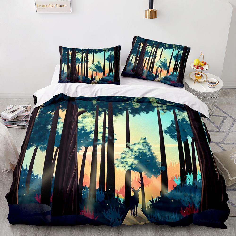 Green Forest King Queen Duvet Cover Fairy Cartoon Trees Elk Bedding Set For Adults Plant Animal 2/3pcs Polyester Comforter Cover