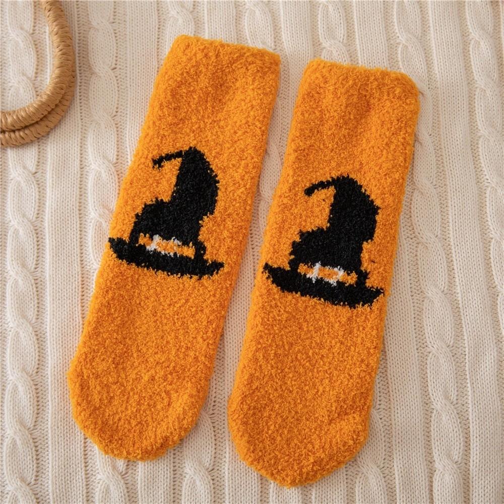 4pairs/set Soft Halloween Socks Coral Fleece Bat Ghost Mid-Calf Socks  Female