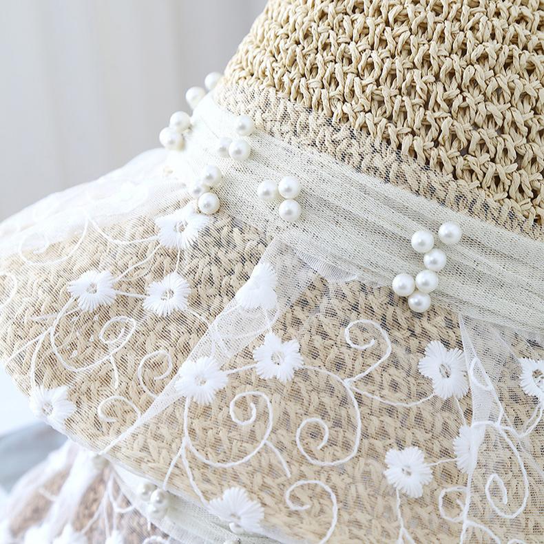 New Lace Mesh Straw Hat Splicing Women's Summer Sunscreen Visor Hat Big Brim Sun Hat Vacation Beach