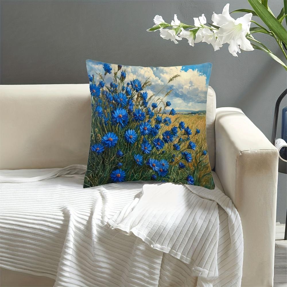 Vintage Blue Cornflower Pillow Cover 2D Print Country Field Landscape Cushion Case For Sofa Bed Couch Rustic Home Decor