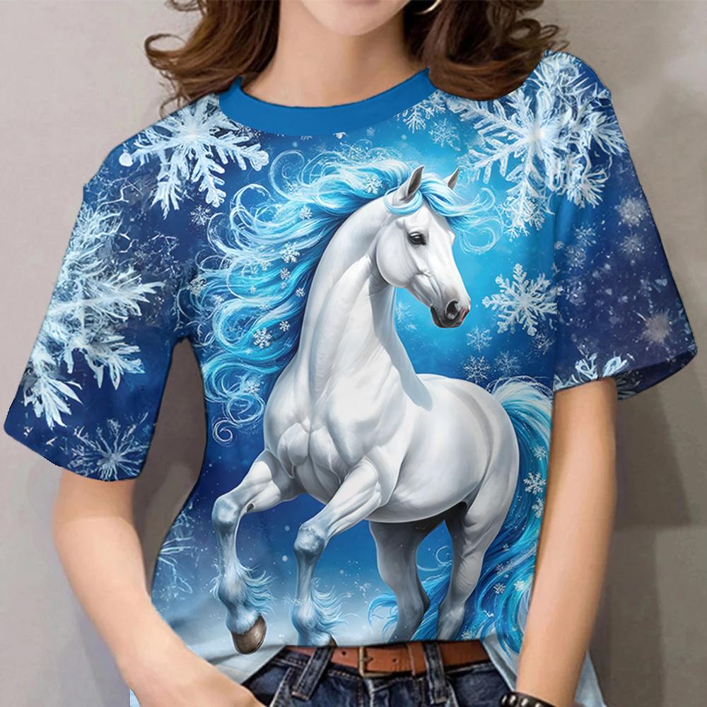 Pferde-Muster T-Shirts Floral 3D-Druck Damen Freizeit O-Ausschnitt Kurzarm T-Shirt Harajuku Lässige T-Shirts Y2k Tops Damenbekleidung