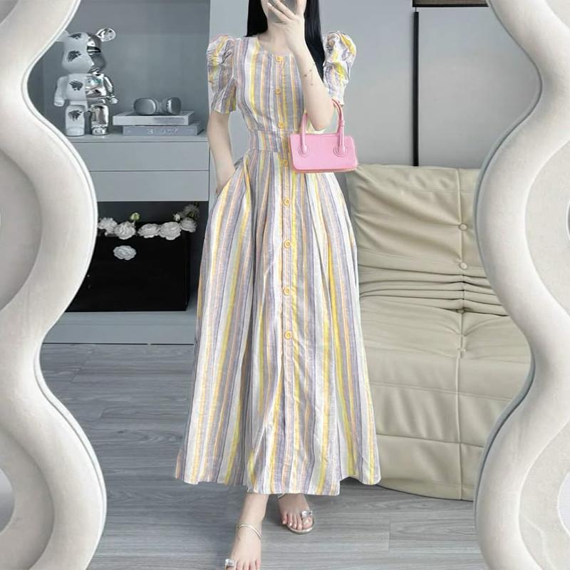 

ZANZEA Women Casual Round Neck Short Sleeve Stripe Long Dress 5XL жовтий