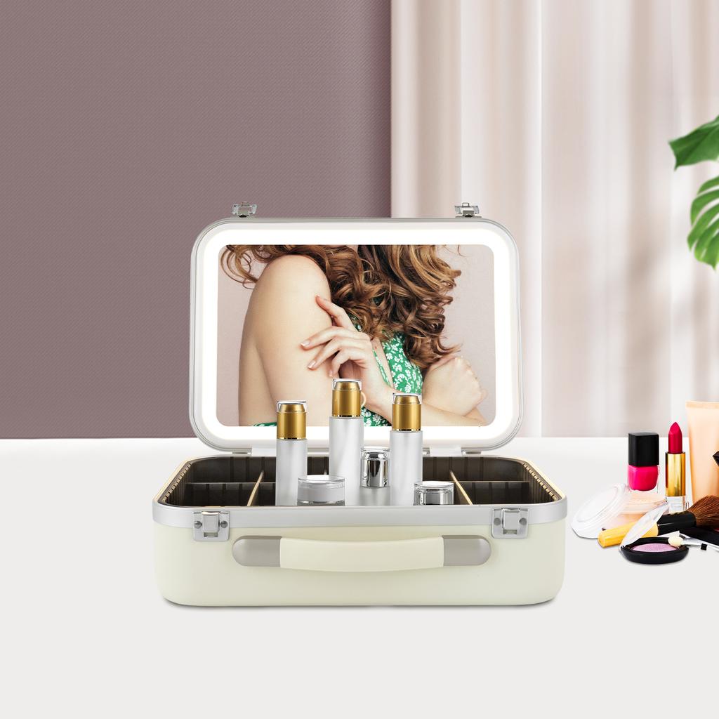 Large Capacity Portable Makeup Organizer with LED Lights, Touch Screen Mirror - Tabletop Cosmetic Storage Case, Vanity Organizer