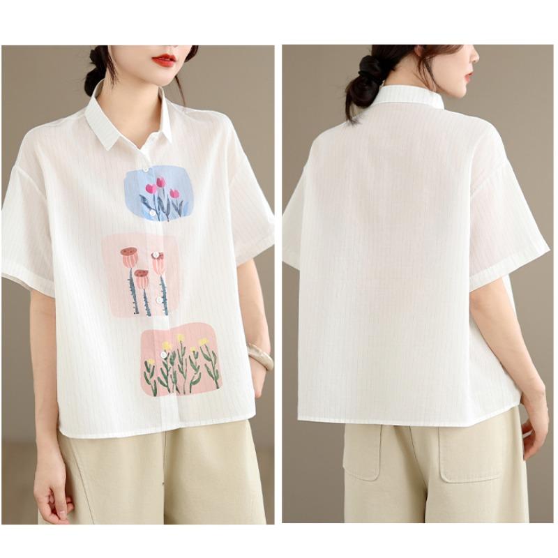 DIMANAF 2026 Women Plus Size New Summer Blouse Shirt Short Sleeve Casual Loose Print Lady Tops Shirts Cotton