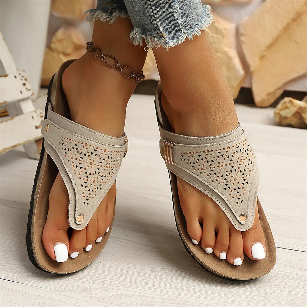 Women Plus Size Casual Hollow Out Toe Post Flip Flop Sandals Lightweight Comfortable Slip On Summer Beach Footwear