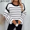 BITCED Autumn/Winter Women's O-Neck Loose-Fit Black-and-White Striped Pullover Long-Sleeved Knitted Sweater